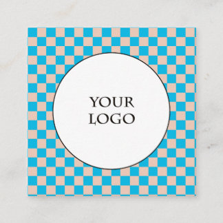 Tarjeta De Visita Cuadrada Duo beige y azul claro a cuadros escoceses y logo