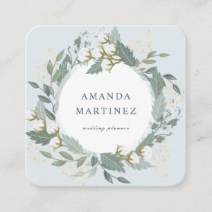 Tarjeta De Visita Cuadrada Dusty Blue Cotton Wreath Square Business Card