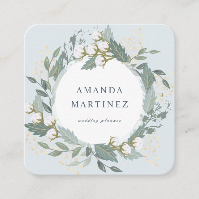 Tarjeta De Visita Cuadrada Dusty Blue Cotton Wreath Square Business Card (Anverso)