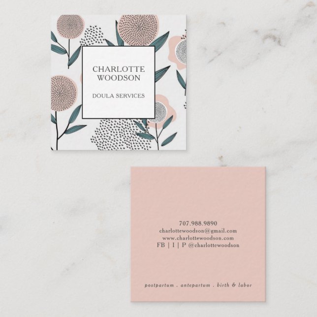 Tarjeta De Visita Cuadrada Dusty Peach Floral Doula Magnetic Business Card (Anverso / Reverso)