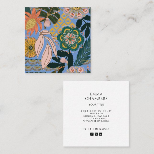 Tarjeta De Visita Cuadrada Earthy Boho Gold Blue Tropical Floral Business (Anverso / Reverso)