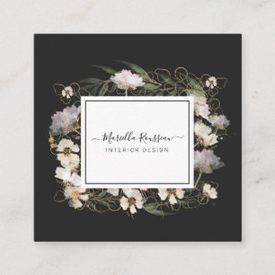 Tarjeta De Visita Cuadrada Earthy Greenery Floral Gold Purpurina Black