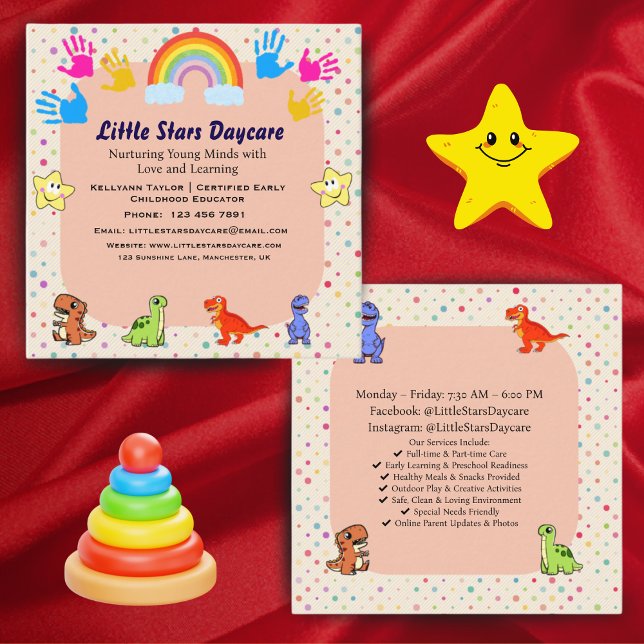 Tarjeta De Visita Cuadrada Editable Cute Rainbow Dino Preschool Card Design (Subido por el creador)