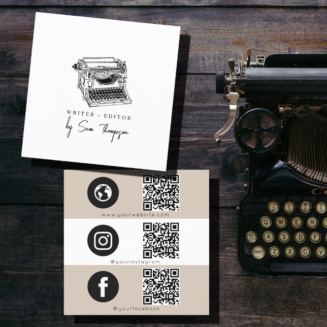 Tarjeta De Visita Cuadrada Editor de escritores de máquina de escribir Código (Typewriter Writer Editor QR Code Social Media Icon Square Business Card)