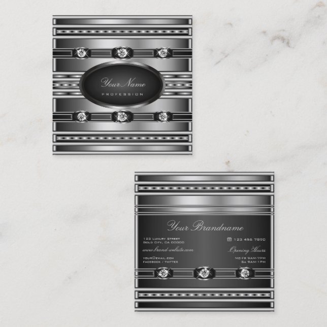 Tarjeta De Visita Cuadrada Efecto negro y plateado muy elegante con diamantes (Anverso / Reverso)