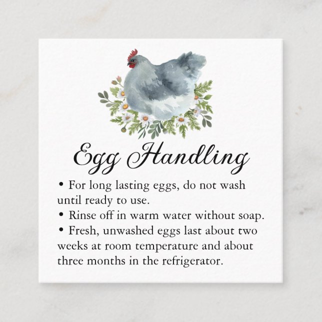 Tarjeta De Visita Cuadrada Egg Handling Care Instructions Floral Chicken Hen (Anverso)