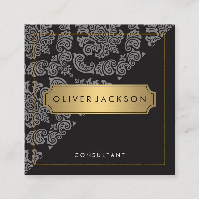 Tarjeta De Visita Cuadrada Ejecutivo Damask Negro Oro (Anverso)
