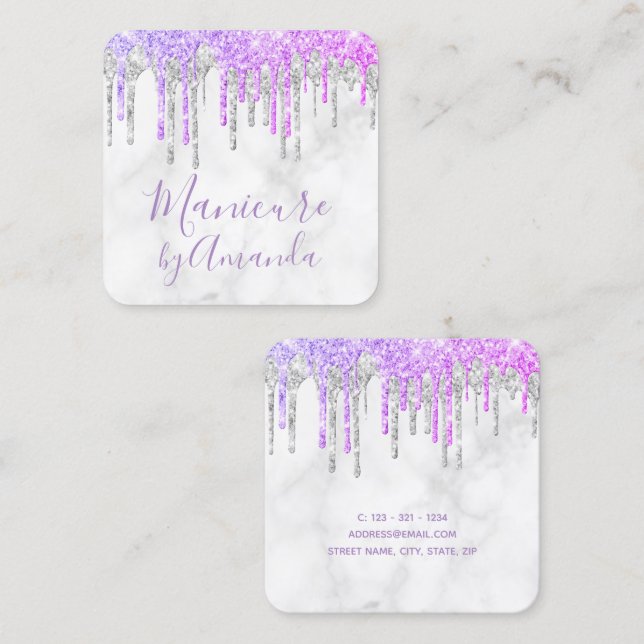 Tarjeta De Visita Cuadrada El purpurina moderno morado y mármol gotea manicur (Anverso / Reverso)