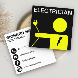 Tarjeta De Visita Cuadrada Electricista moderno de enchufe amarillo