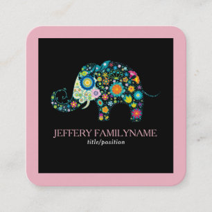 Tarjeta De Visita Cuadrada Elefante Floral Cubierta En Borde Rosa Negro