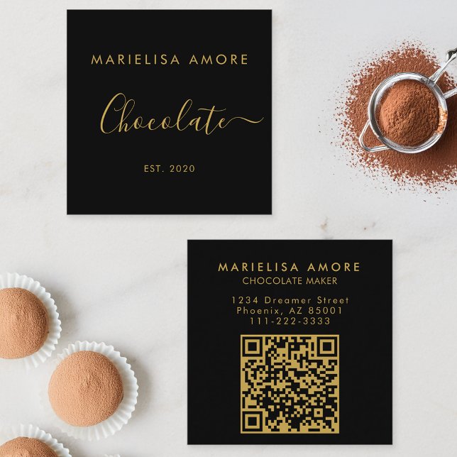 Tarjeta De Visita Cuadrada Elegant Black Gold Script Chocolate Qr Code (Subido por el creador)