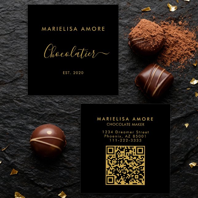 Tarjeta De Visita Cuadrada Elegant Black Gold Script Chocolatier Qr Code (Subido por el creador)