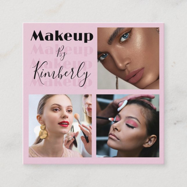 Tarjeta De Visita Cuadrada Elegant Blush Pink Black Script 3 Photo (Anverso)
