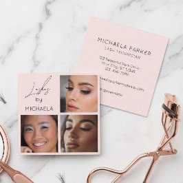 Tarjeta De Visita Cuadrada Elegant Blush Pink Black Script 3 Photo Lashes