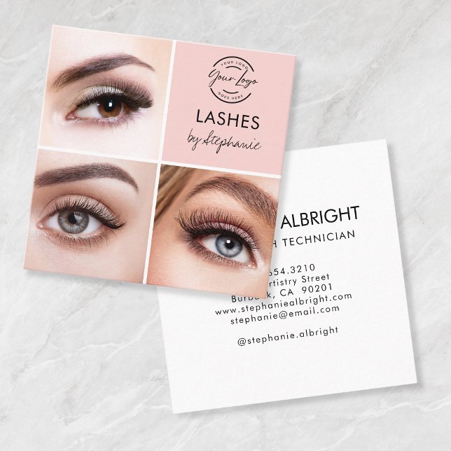 Tarjeta De Visita Cuadrada Elegant Blush Pink Black Script 3 Photo Lashes (Subido por el creador)