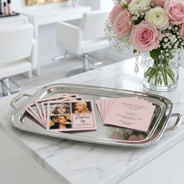 Tarjeta De Visita Cuadrada Elegant Blush Pink Black Script 3 Photo Lashes (Subido por el creador)