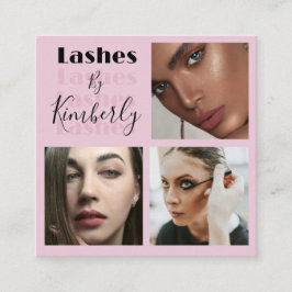 Tarjeta De Visita Cuadrada Elegant Blush Pink Black Script 3 Photo Lashes