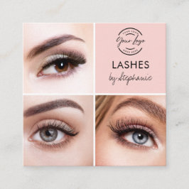 Tarjeta De Visita Cuadrada Elegant Blush Pink Black Script 3 Photo Lashes