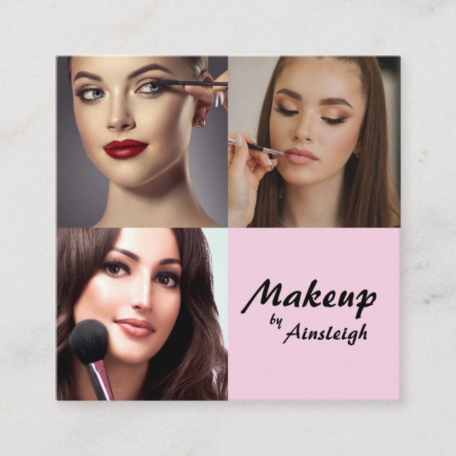 Tarjeta De Visita Cuadrada Elegant Blush Pink Black Script 3 Photo Makeup (Anverso)