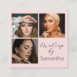Tarjeta De Visita Cuadrada Elegant Blush Pink Black Script 3 Photo Makeup