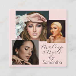 Tarjeta De Visita Cuadrada Elegant Blush Pink Black Script 3 Photo Makeup 