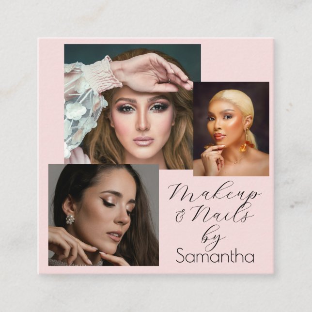 Tarjeta De Visita Cuadrada Elegant Blush Pink Black Script 3 Photo Makeup  (Anverso)