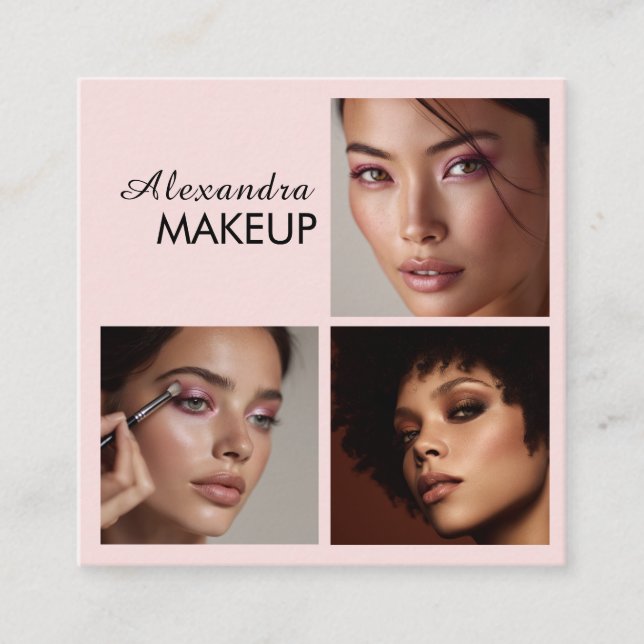 Tarjeta De Visita Cuadrada Elegant Blush Pink Black Script 3 Photo Makeup (Anverso)