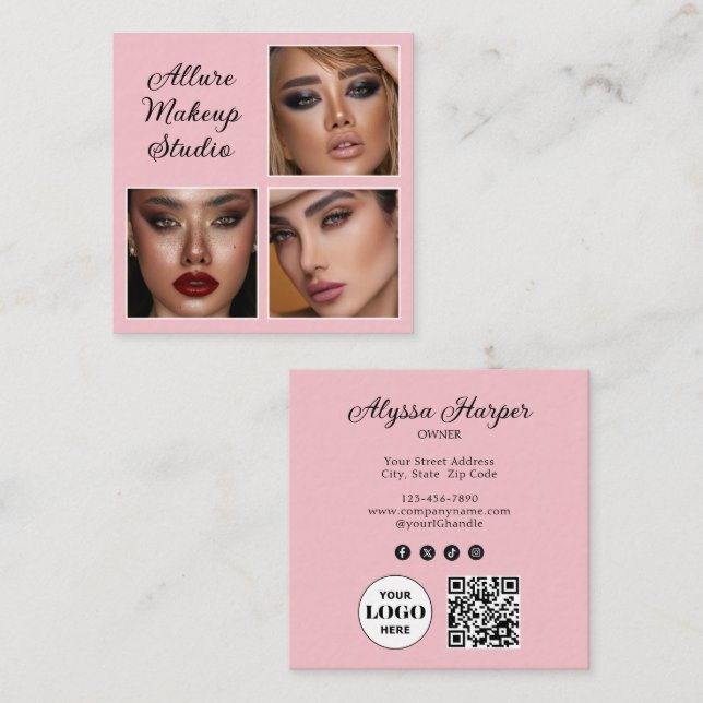 Tarjeta De Visita Cuadrada Elegant Blush Pink Black Script 3 Photo Makeup (Anverso / Reverso)