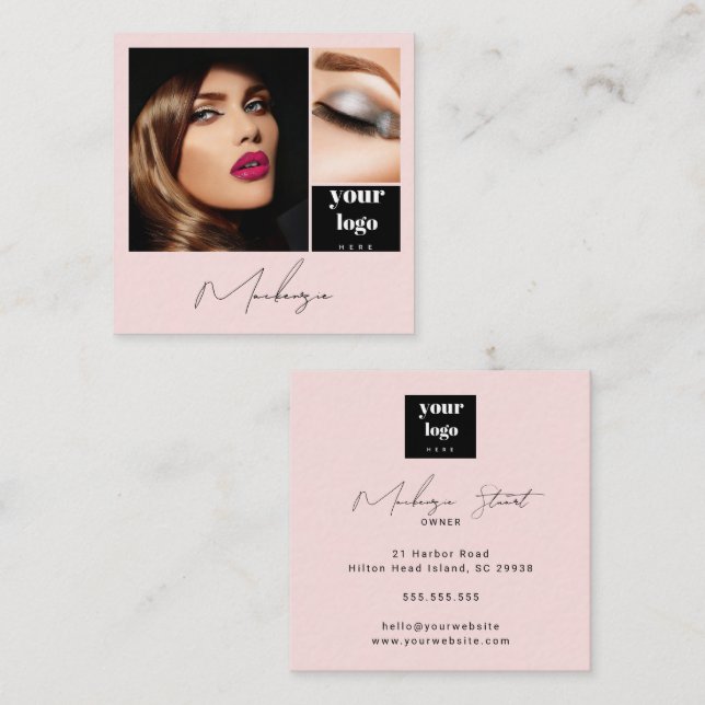 Tarjeta De Visita Cuadrada Elegant Blush Pink Black Script 3 Photo Makeup (Anverso / Reverso)
