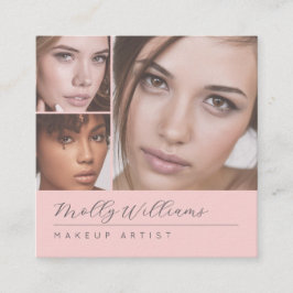 Tarjeta De Visita Cuadrada Elegant Blush Pink Black Script 3 Photo Makeup