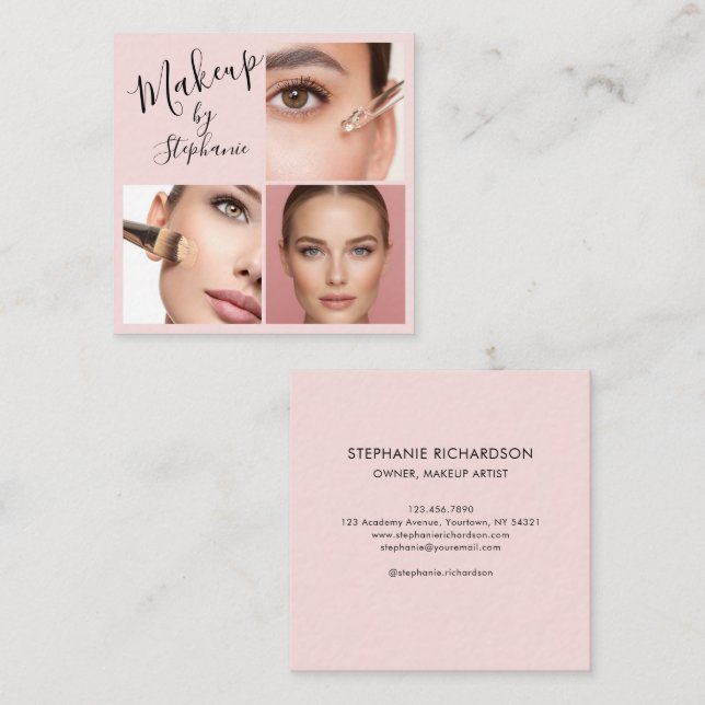 Tarjeta De Visita Cuadrada Elegant Blush Pink Black Script 3 Photo Makeup (Anverso / Reverso)