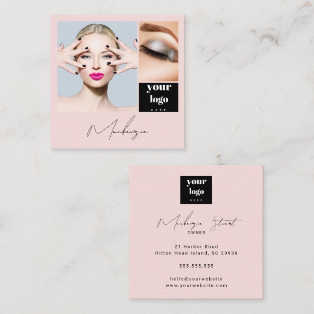 Tarjeta De Visita Cuadrada Elegant Blush Pink Black Script 3 Photo Makeup (Anverso / Reverso)