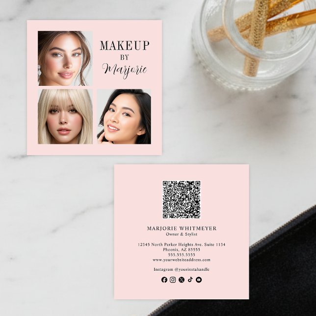 Tarjeta De Visita Cuadrada Elegant Blush Pink Black Script 3 Photo Makeup (modern black blush pink script 3 photo makeup square business card elegant minimalist simple)