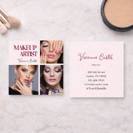 Tarjeta De Visita Cuadrada Elegant Blush Pink Black Script 3 Photo Makeup
