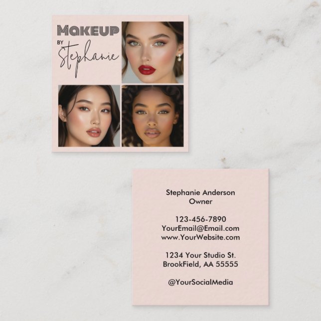 Tarjeta De Visita Cuadrada Elegant Blush Pink Black Script 3 Photo Makeup (Anverso / Reverso)