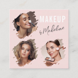 Tarjeta De Visita Cuadrada Elegant Blush Pink Black Script 3 Photo Makeup
