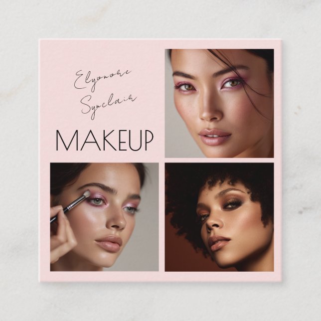 Tarjeta De Visita Cuadrada Elegant Blush Pink Black Script 3 Photo Makeup (Anverso)