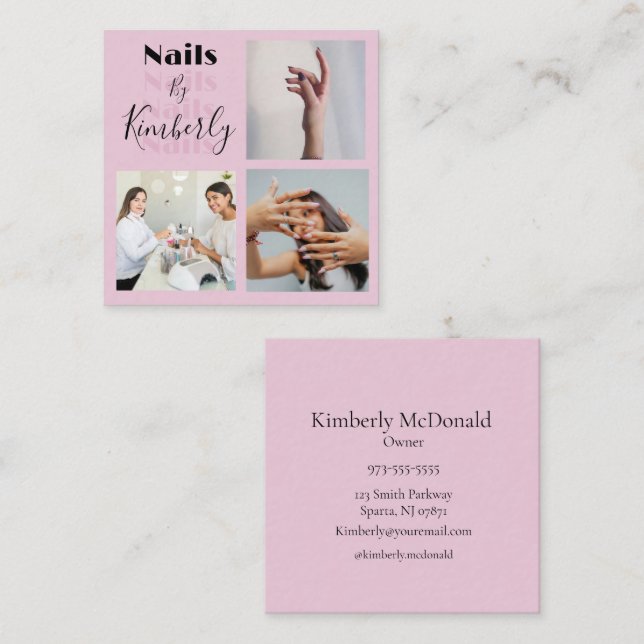 Tarjeta De Visita Cuadrada Elegant Blush Pink Black Script 3 Photo Nail Salon (Anverso / Reverso)