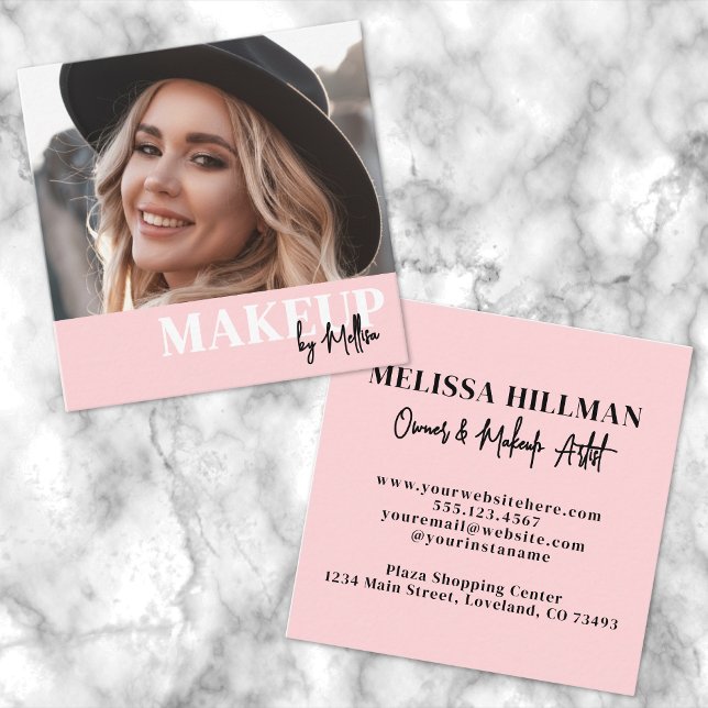 Tarjeta De Visita Cuadrada Elegant Blush Pink Black Script Photo Makeup (Elegant Blush Pink Black Script Photo Makeup Square Business Card)