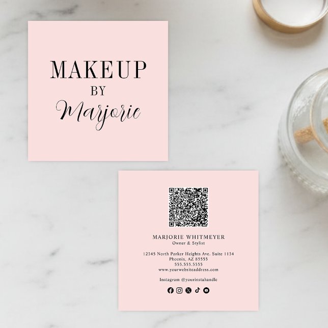 Tarjeta De Visita Cuadrada Elegant Blush Pink Black Script QR Code Makeup (modern black blush pink script photo makeup square business card elegant minimalist simple)