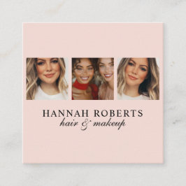 Tarjeta De Visita Cuadrada Elegant Blush Pink Script 3 Photo Hair Makeup