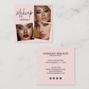 Tarjeta De Visita Cuadrada Elegant Blush Rosa Negro Script 3 Foto Maquillaje