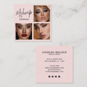 Tarjeta De Visita Cuadrada Elegant Blush Rosa Negro Script 3 Foto Maquillaje