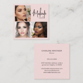 Tarjeta De Visita Cuadrada Elegant Blush Rosa Negro Script 3 Foto Maquillaje