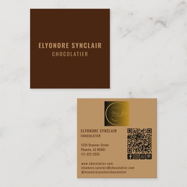 Tarjeta De Visita Cuadrada Elegant Brown Chocolatier Social Logo QR Code  (Anverso / Reverso)