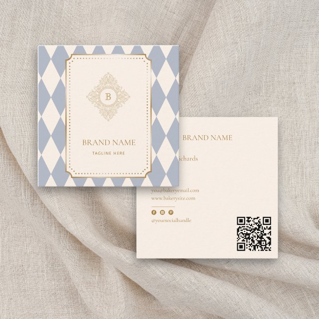 Tarjeta De Visita Cuadrada Elegant Checkered Diamond Gold Accent QR Brand (Subido por el creador)