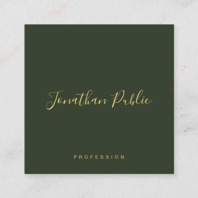 Tarjeta De Visita Cuadrada Elegant Dark Green Gold Text Calligraphy Glossy (Anverso)
