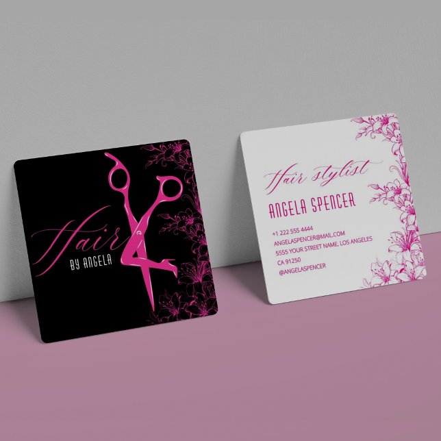 Tarjeta De Visita Cuadrada Elegant Floral Black & Pink Hair Salon Beauty (Subido por el creador)