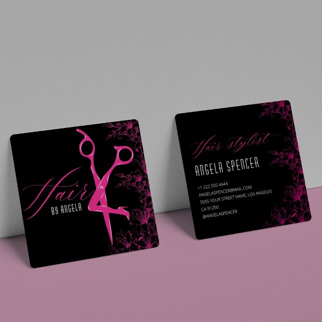Tarjeta De Visita Cuadrada Elegant Floral Black & Pink Hair Salon Beauty (Subido por el creador)