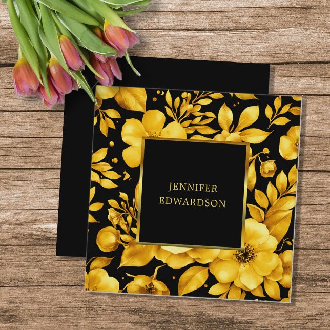 Tarjeta De Visita Cuadrada Elegant gold black flowers professional (Elegant gold black flowers professional square business card. You can add your own text.)